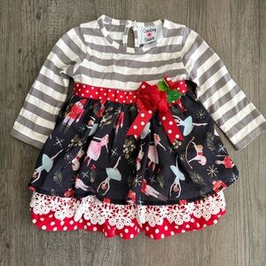 Counting Daisies Striped and Nutcracker Patterned Dress with Red Accents
